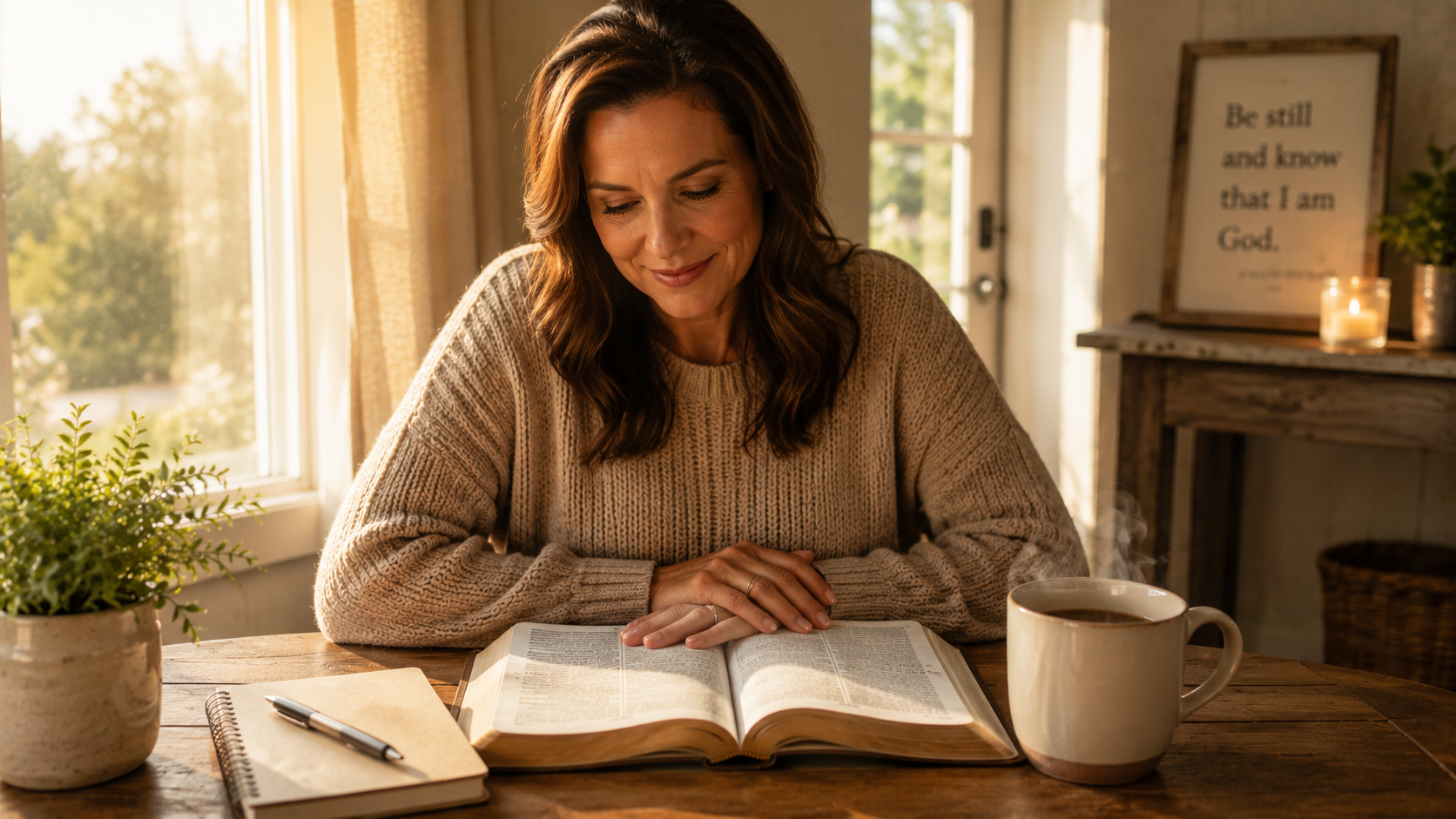 ChatGPT-Image-Jul-3-2026-09_12_44-PM.webp Woman reading the Bible at a table with coffee and a notebook