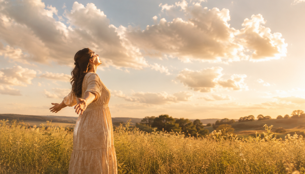 Woman standing in an open field with her face lifted toward a bright cloud-filled sky