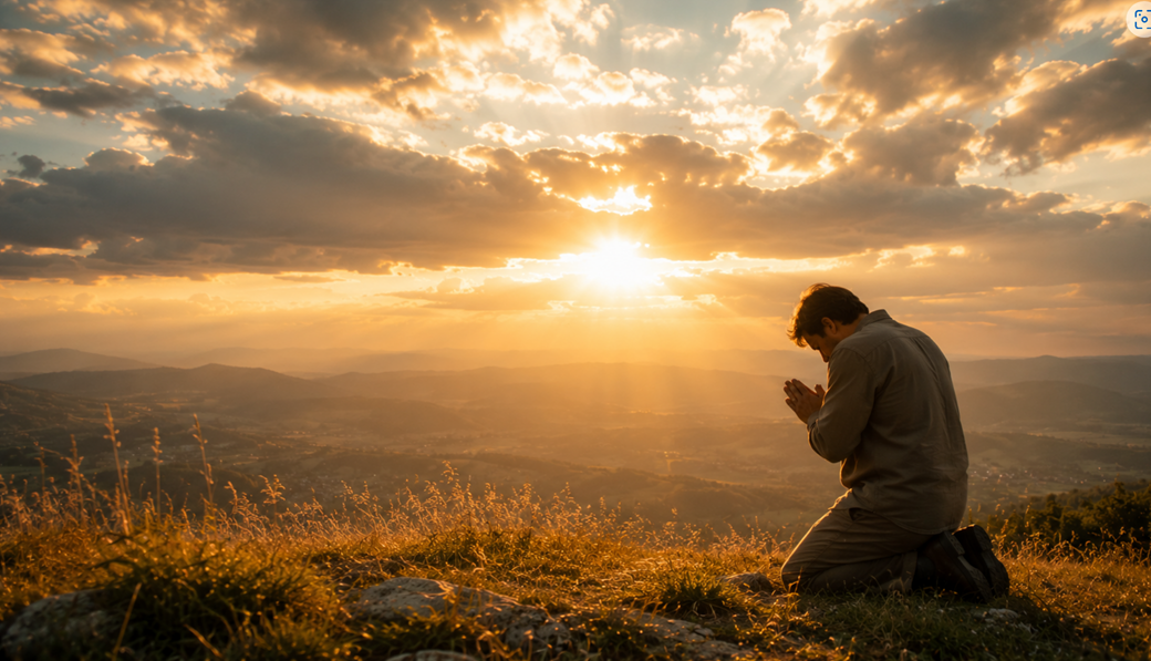 Person kneeling in prayer on a hilltop under a dramatic golden sky