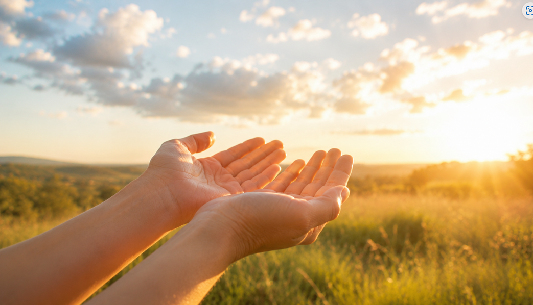 Open hands lifted toward a bright sky