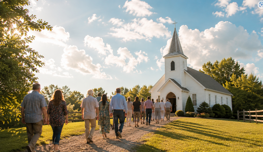 Small white church with a steeple under a blue sky