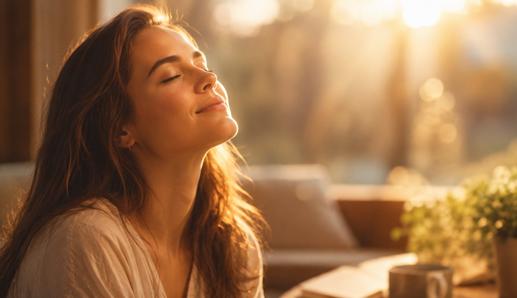 Woman with eyes closed and face lifted toward God