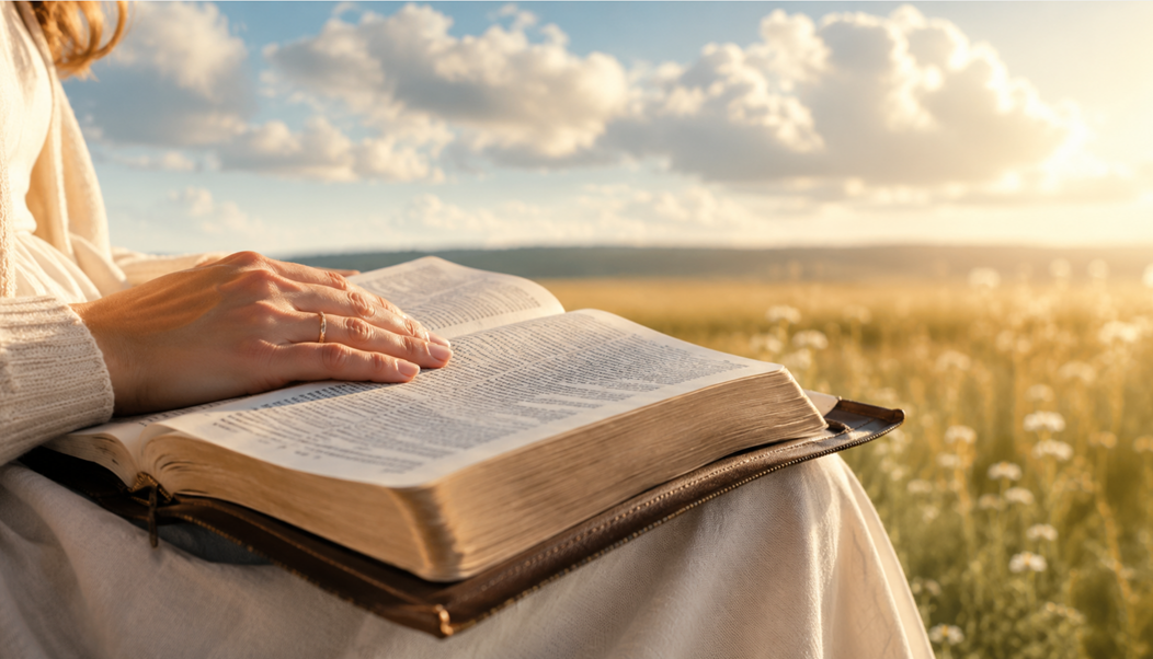 Post-2-070226-5-Bible-Verses-to-Hold-Onto-When-You-Dont-Feel-Gods-Presence.webp Open Bible resting on a woman's lap in a sunlit field