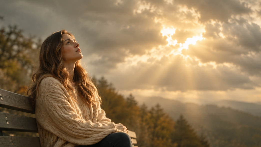 Young woman on an outdoor bench looking up at golden light breaking through clouds