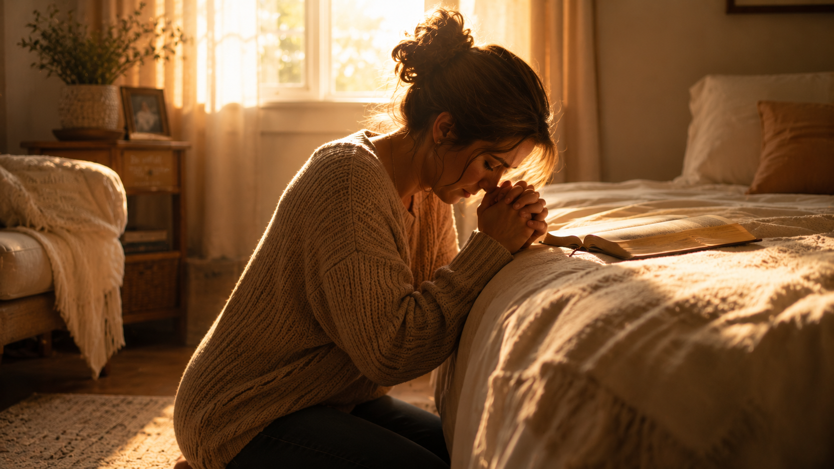 Woman kneeling in prayer beside her bed in morning light