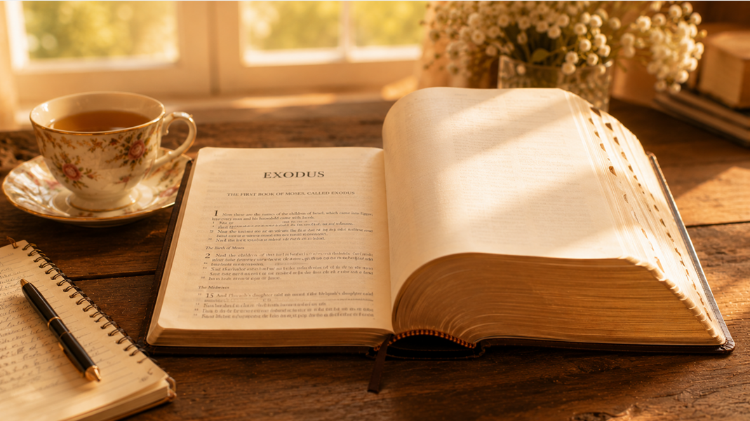 Hands turning the pages of a well-worn Bible in warm afternoon light