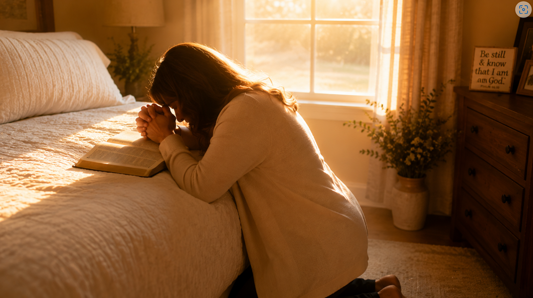 lady kneeling at her bed and praying over her bible