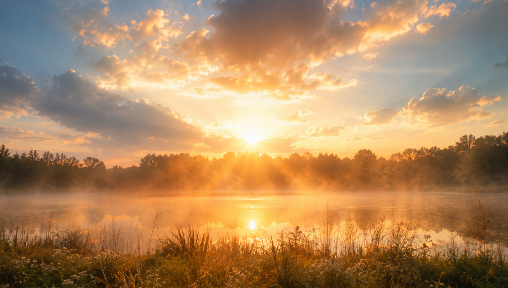 Golden sunrise over a misty lake with trees